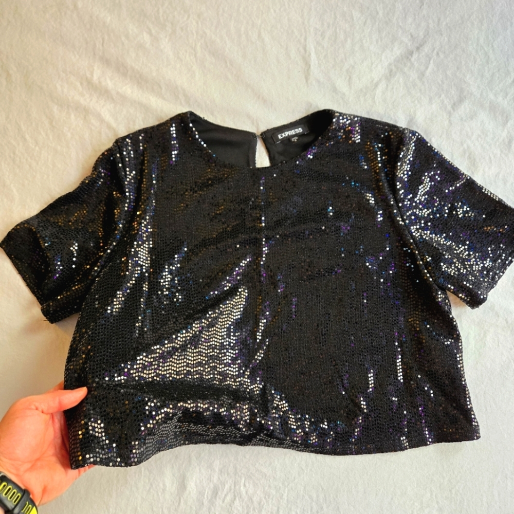 Express Sequin Black Crop Top S - Party y2k